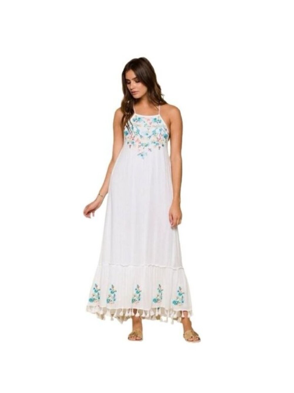 RAGA Ashlyn Embroidered Floral Strappy White Low Back Maxi Dress Size Large NWT